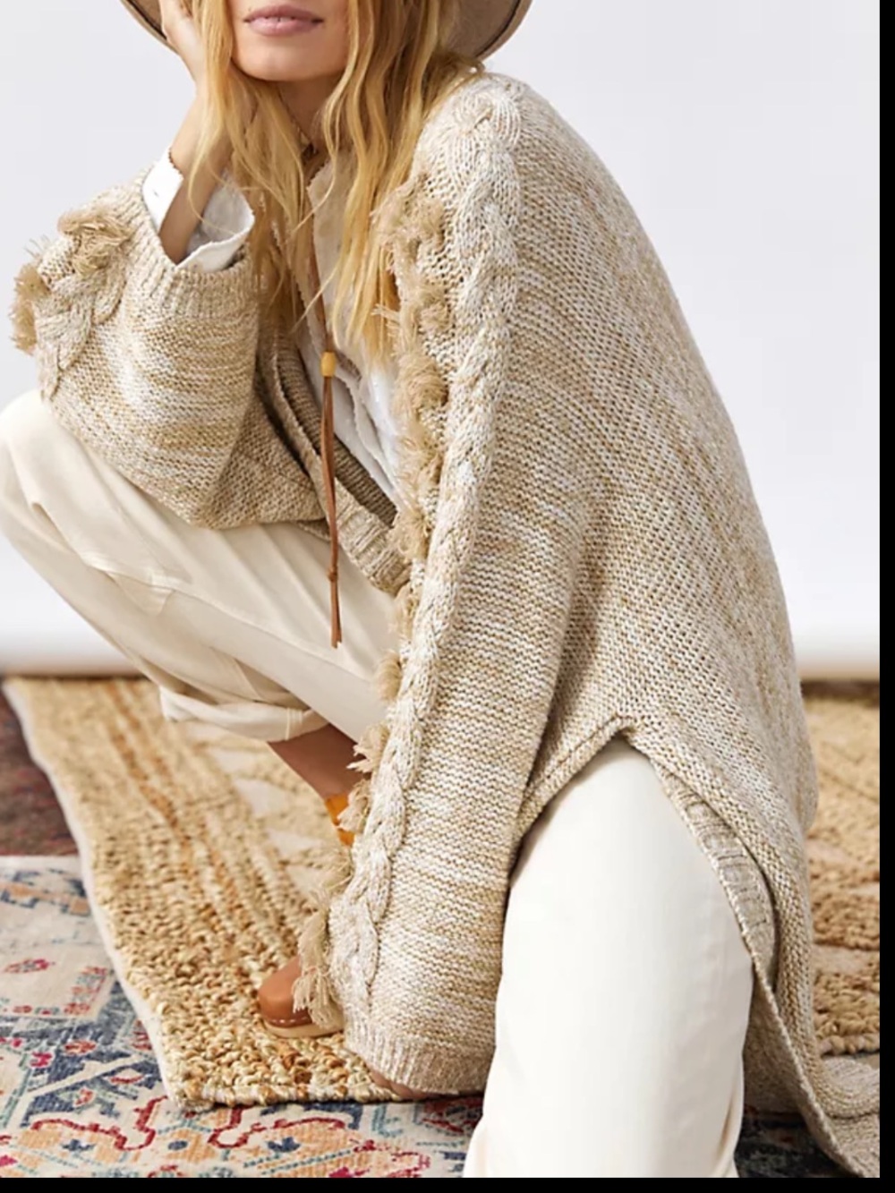 Anthropologie Beige Fringe Knit Cardigan One Size